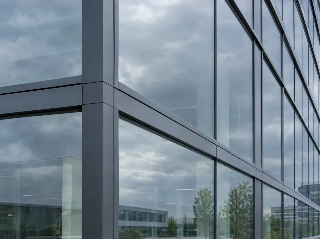 Aluminium vliesgevel met antraciet stijlen en regels