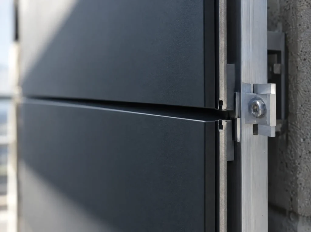 Detail van de schaduwvoeg tussen twee aluminium gevelcassettes