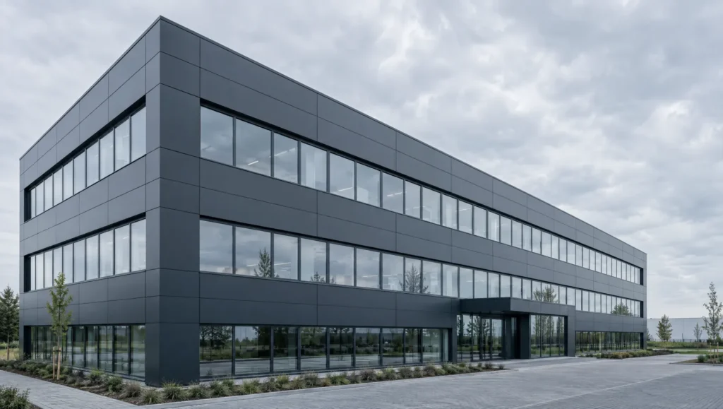 Kantoorgebouw met antraciet aluminium cassettegevel en raambanden