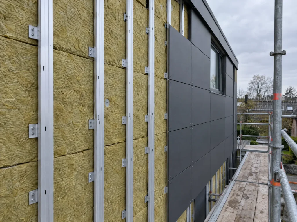 Gevel in uitvoering: aluminium regelwerk, minerale wol en deels geplaatste panelen
